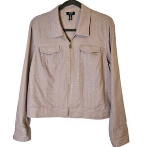 Jones New York tan linen blend zip front jacket. L.